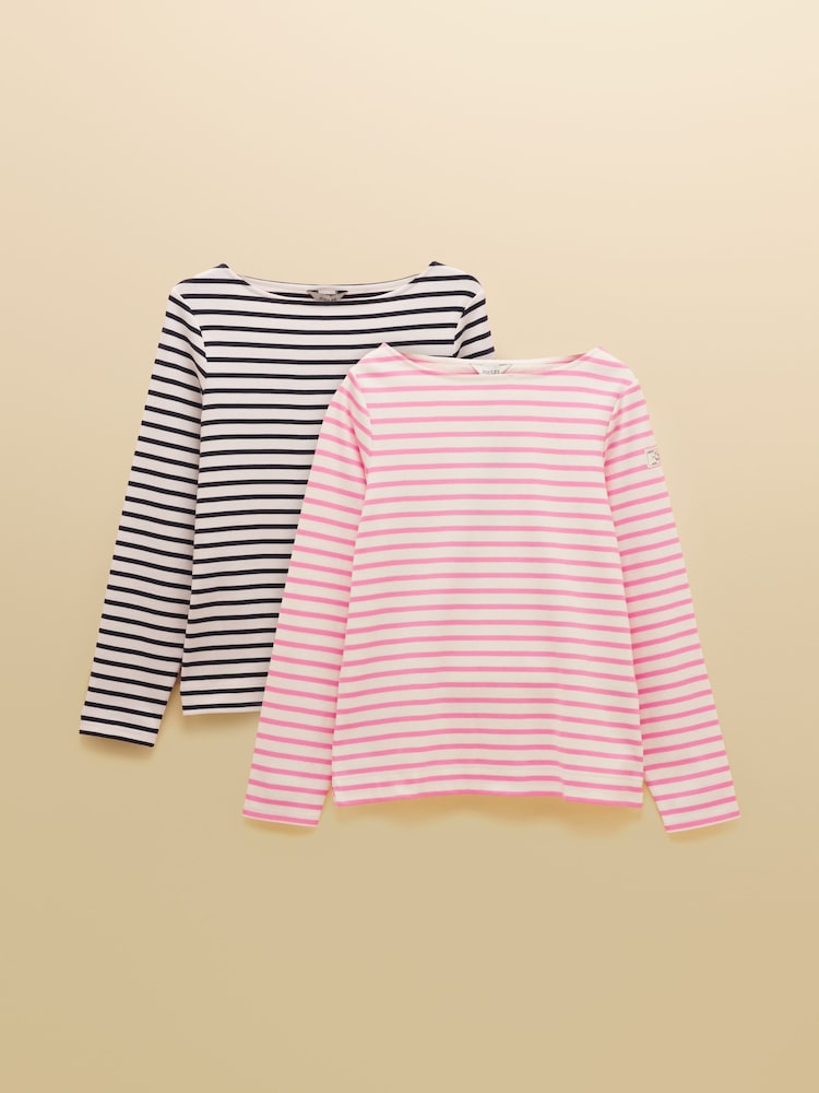 Joules Navy/Pink Harbour Navy & Pink Striped Boat Neck Breton Tops (2 Pack) - Image 1 of 7 Joules Navy/Pink Harbour Navy & Pink Striped Boat Neck Breton Tops (2 Pack) - Image 1 of 7