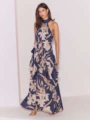 Lipsy Navy Halter High Neck Floral Ruffle Trapeze Maxi Dress - Image 1 of 5