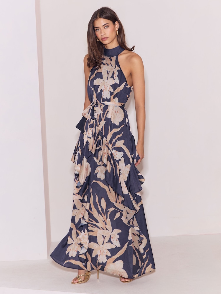 Lipsy Navy Halter High Neck Floral Ruffle Trapeze Maxi Dress - Image 1 of 5