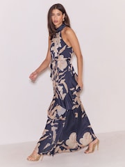 Lipsy Navy Halter High Neck Floral Ruffle Trapeze Maxi Dress - Image 3 of 5