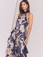 Lipsy Navy Halter High Neck Floral Ruffle Trapeze Maxi Dress - Image 4 of 5