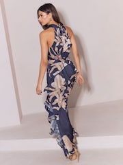 Lipsy Navy Halter High Neck Floral Ruffle Trapeze Maxi Dress - Image 5 of 5