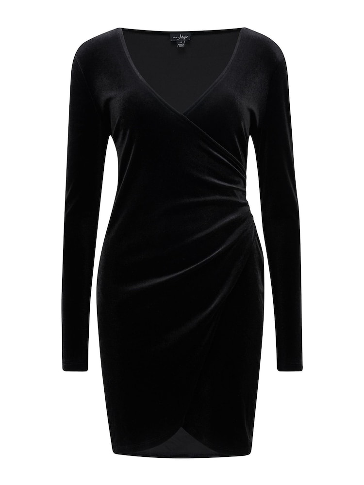 Pour Moi Black Fuller Bust Suki Velvet Wrap Bodycon Dress - Image 3 of 4