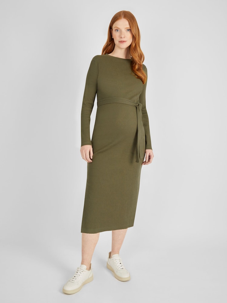 JoJo Maman Bébé Khaki Green Ribbed Jersey Maternity Dress - Image 1 of 4