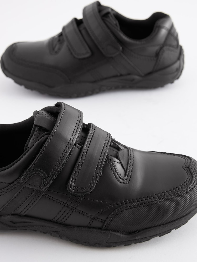 Black Wide Fit (G) School Leather Double Strap Shoes - Image 7 of 9