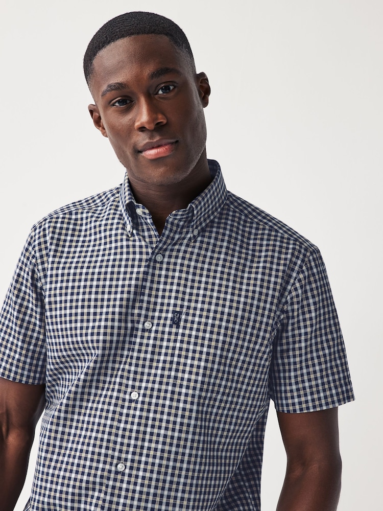 Navy Blue Gingham Check Easy Iron Button Down Oxford Shirt - Image 1 of 5