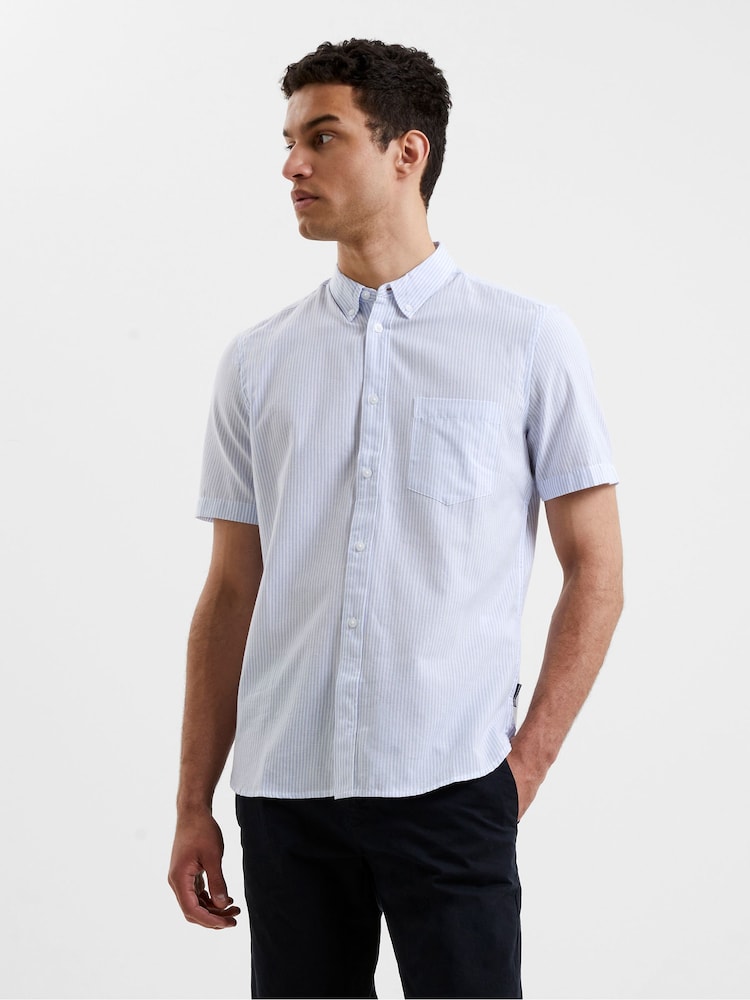 French Connection Sky Blue Stripe Pocket Short Sleeve 100% Cotton Shirt - Image 1 of 4 French Connection Sky Blue Stripe Pocket Short Sleeve 100% Cotton Shirt - Image 1 of 4