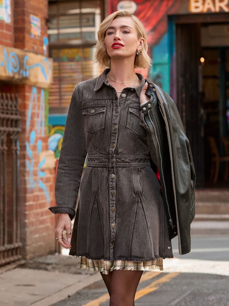 Joe Browns Grey Chrissie Check Layered Denim Mini Dress - Image 1 of 7 Joe Browns Grey Chrissie Check Layered Denim Mini Dress - Image 1 of 7