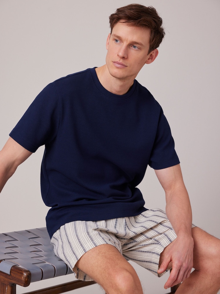Navy Blue/Cream Stripe Lightweight Short Pyjamas Set - Image 1 of 9
