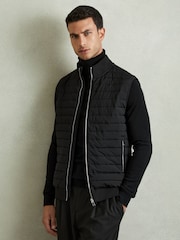 Reiss Black Pluto Hybrid Quilt and Knit Zip-Through Gilet - Image 1 of 7
