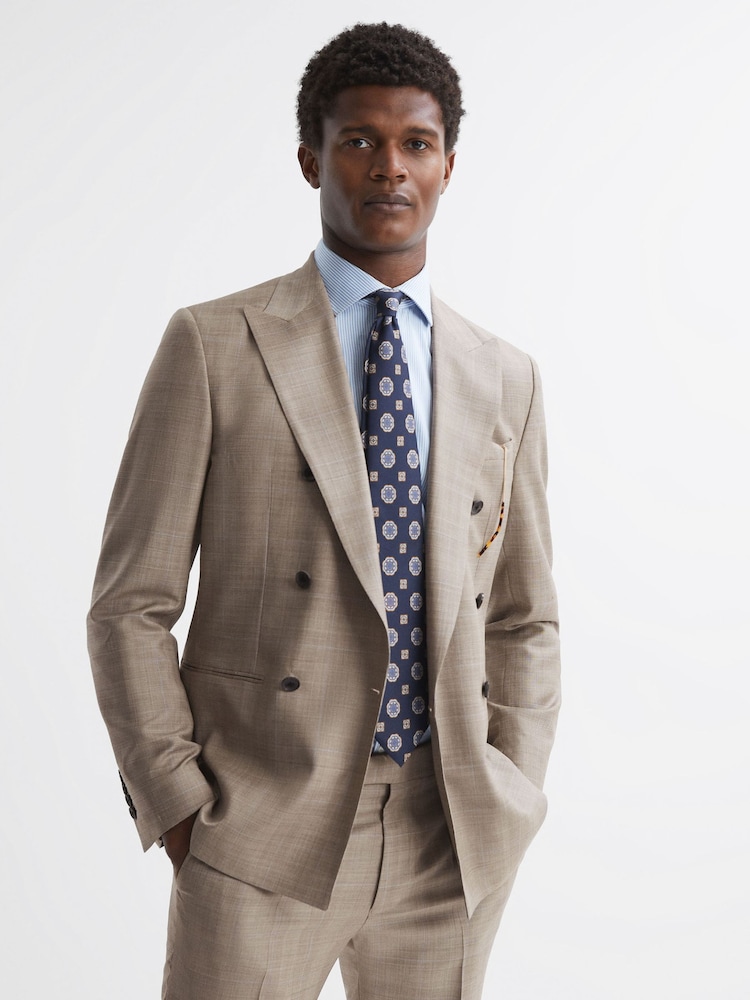 Reiss Oatmeal Abbey Slim Fit Double Breasted Checked Blazer - Image 1 of 7
