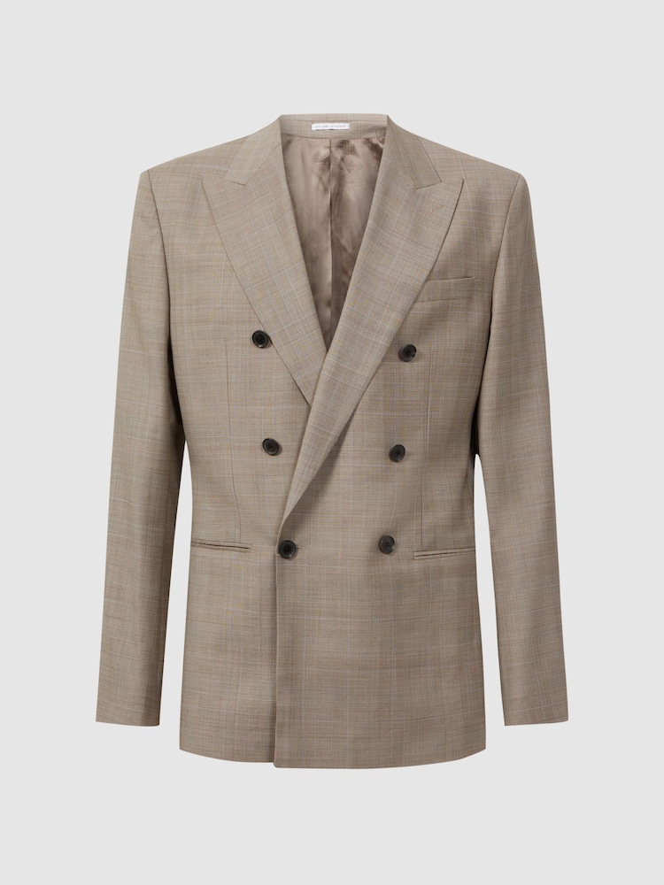 Reiss Oatmeal Abbey Slim Fit Double Breasted Checked Blazer - Image 2 of 7