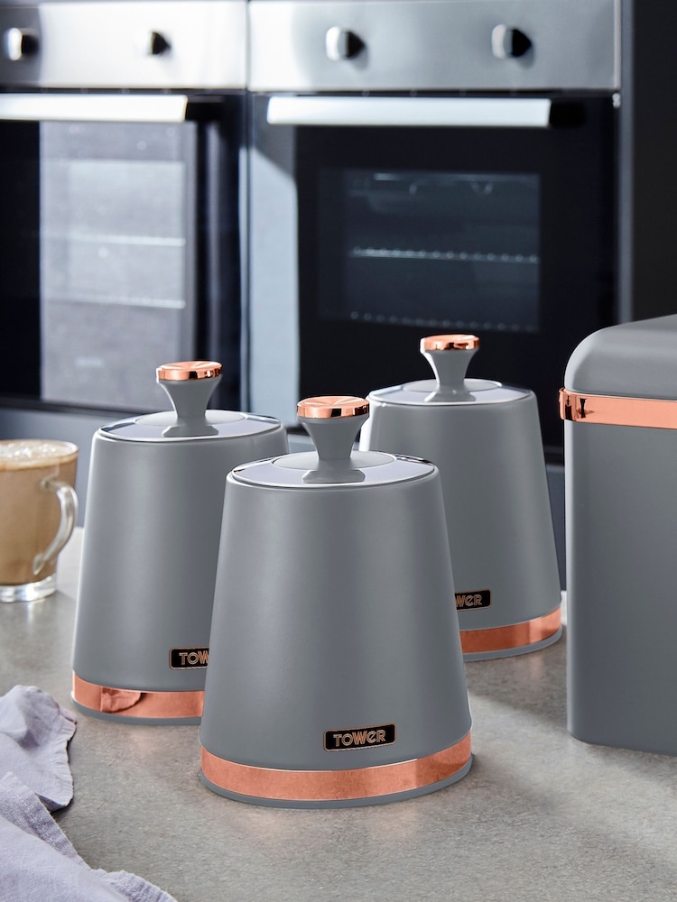 Tower Set of 3 Grey Cavaletto Canisters - Image 1 of 4