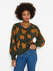Joe Browns Green Autumn Florals Fluffy V-Neck Jumper - Image 1 of 5