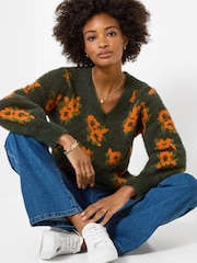 Joe Browns Green Autumn Florals Fluffy V-Neck Jumper - Image 3 of 5