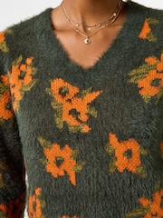 Joe Browns Green Autumn Florals Fluffy V-Neck Jumper - Image 4 of 5