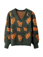 Joe Browns Green Autumn Florals Fluffy V-Neck Jumper - Image 5 of 5