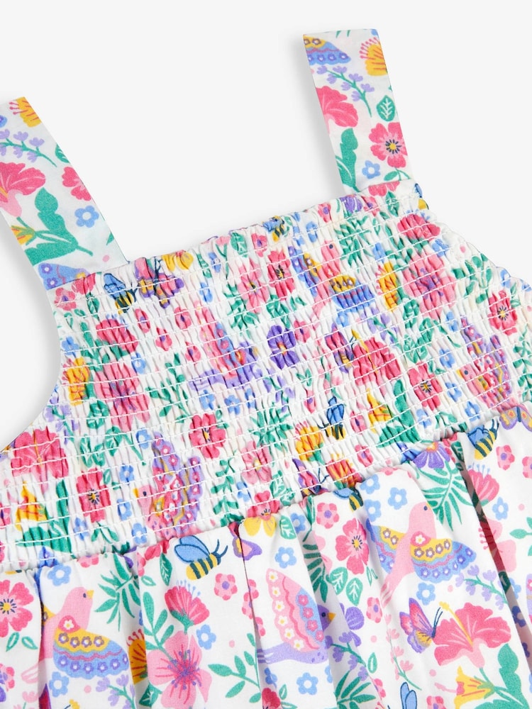JoJo Maman Bébé White Bird Floral Print Smocked Summer Dress - Image 4 of 4