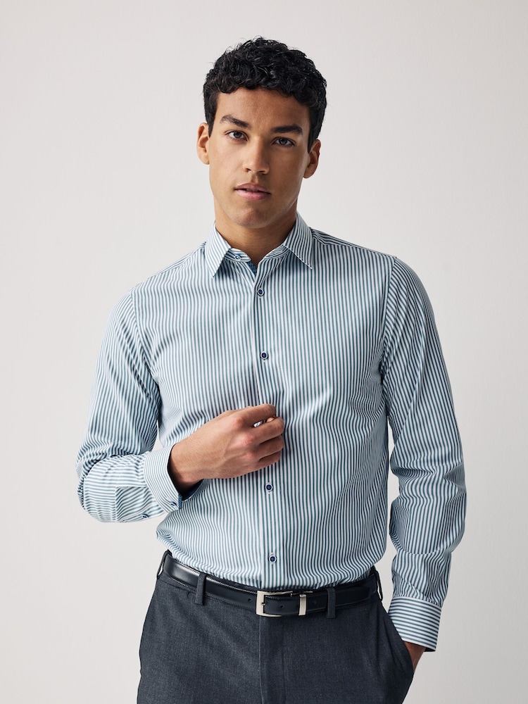 White/Teal Blue Stripe Trimmed Formal Shirt - Image 1 of 8