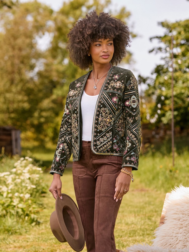 Joe Browns Green Bella Boutique Embroidered Edge To Edge Jacket - Image 1 of 7