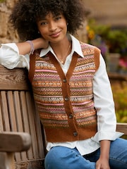 Joe Browns Brown Autumn Days Fairisle Button Through Knitted Sleeveless Jumper - Image 1 of 7