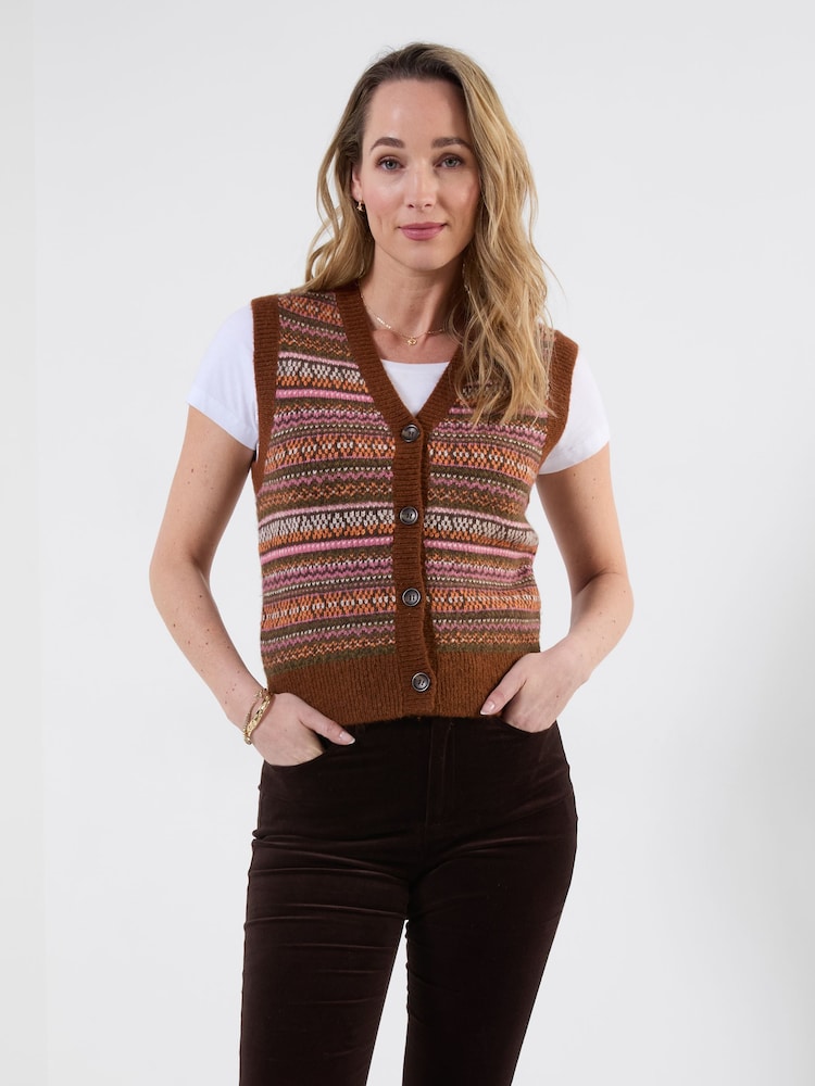 Joe Browns Brown Autumn Days Fairisle Button Through Knitted Sleeveless Jumper - Image 2 of 7