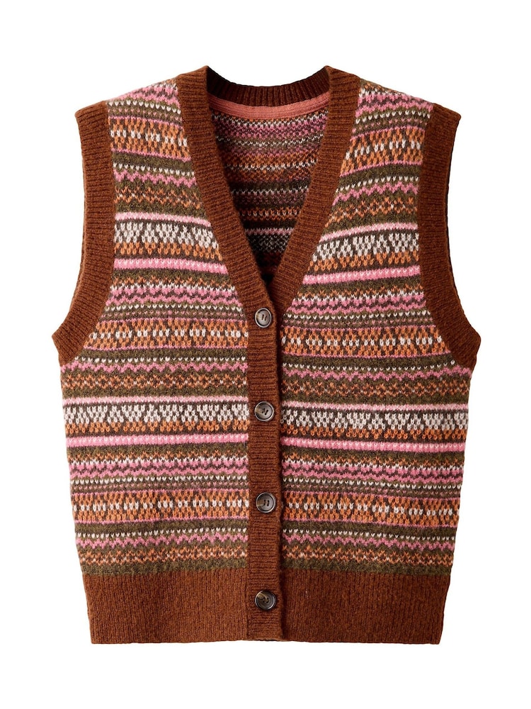Joe Browns Brown Autumn Days Fairisle Button Through Knitted Sleeveless Jumper - Image 7 of 7