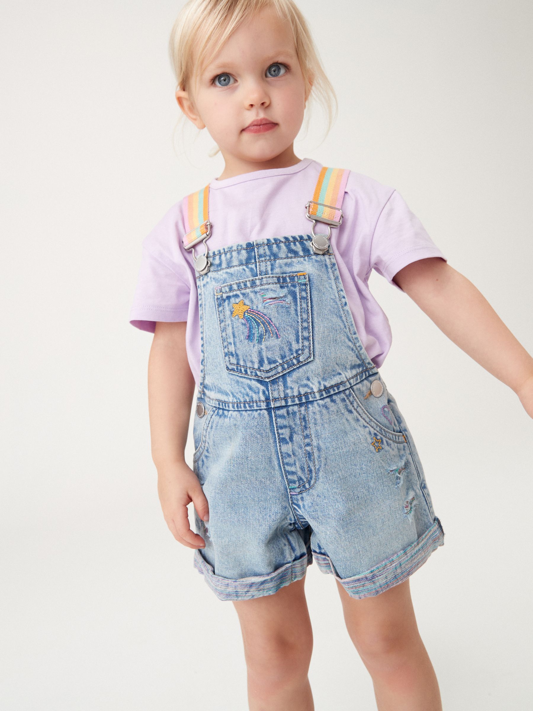 Buy Mid Blue Denim Rainbow Dungarees & T-Shirt Set (3mths