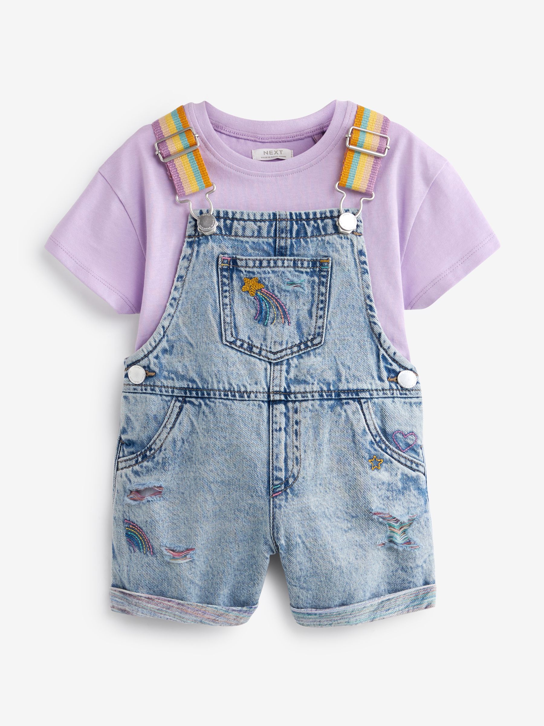 Buy Mid Blue Denim Rainbow Dungarees & T-Shirt Set (3mths