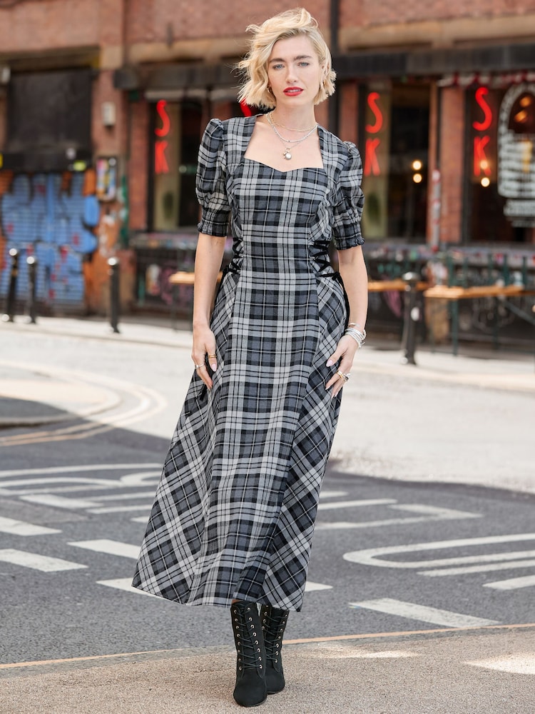 Joe Browns Black Luna Check Lace Up Side Maxi Dress - Image 1 of 7 Joe Browns Black Luna Check Lace Up Side Maxi Dress - Image 1 of 7