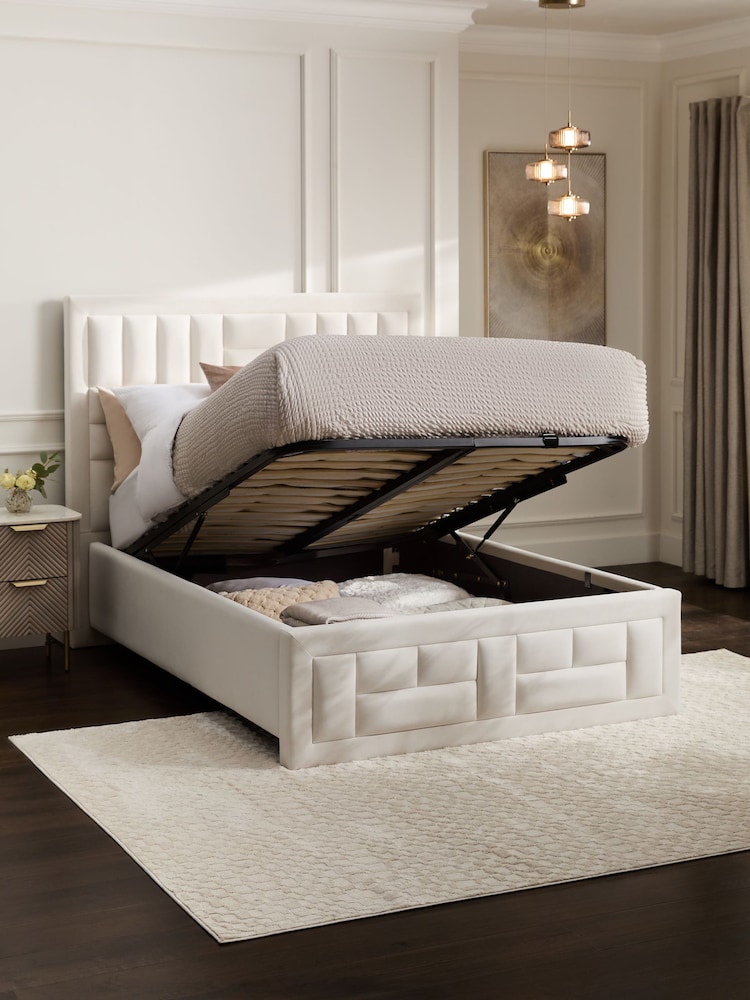 Soft Velvet Natural Oyster Ruby Upholstered Ottoman Storage Bed Frame - Image 2 of 9