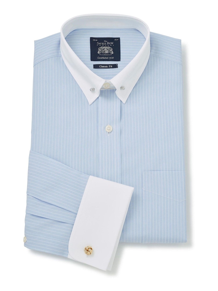 Savile Row Company Blue Stripe Classic Pin Collar Double Cuff 100% Cotton Shirt - Image 2 of 5