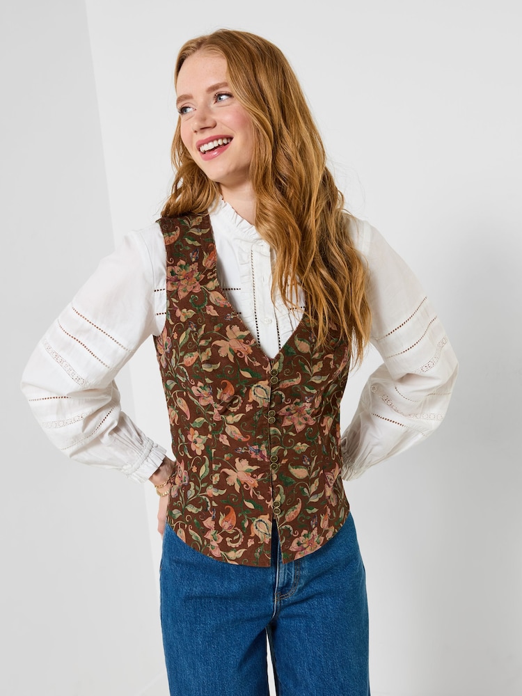 Joe Browns Brown Autumn Floral Cord Waistcoat - Image 1 of 6 Joe Browns Brown Autumn Floral Cord Waistcoat - Image 1 of 6