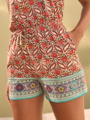 Pink Woodblock Print Bandeau Shirred 100% Cotton Playsuit - Image 5 of 8