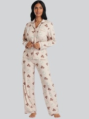 Loungeable Nude Teddy Bear Long Sleeve Button Shirt and Long Pant Pyjamas - Image 1 of 5