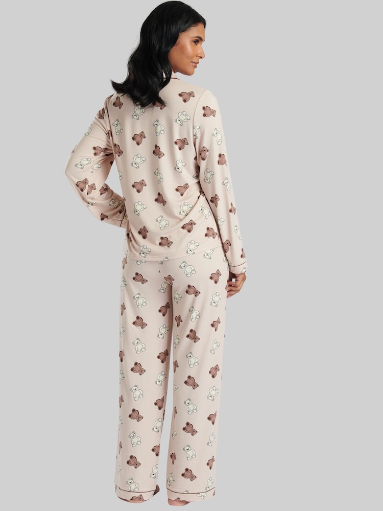 Loungeable Nude Teddy Bear Long Sleeve Button Shirt and Long Pant Pyjamas - Image 2 of 5