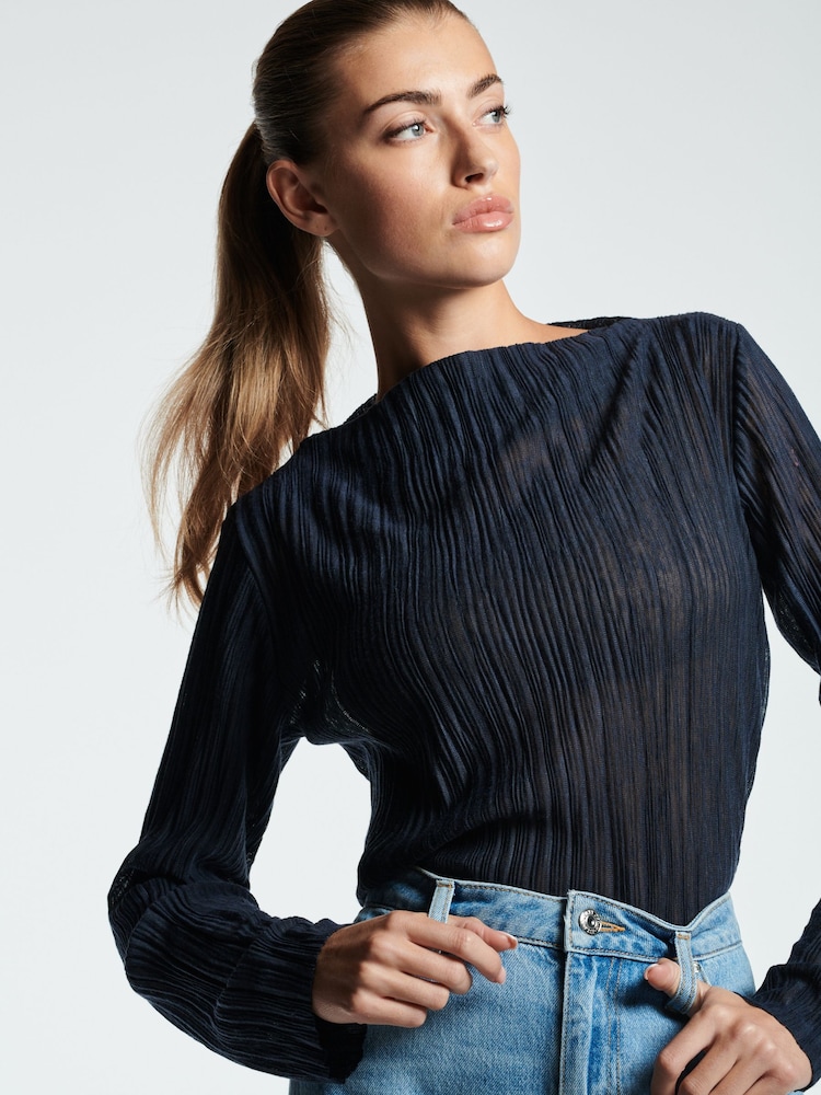 Navy Blue Long Sleeve Plissé Slash Neck Top - Image 1 of 6