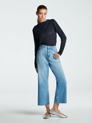 Navy Blue Long Sleeve Plissé Slash Neck Top - Image 2 of 6