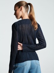 Navy Blue Long Sleeve Plissé Slash Neck Top - Image 3 of 6