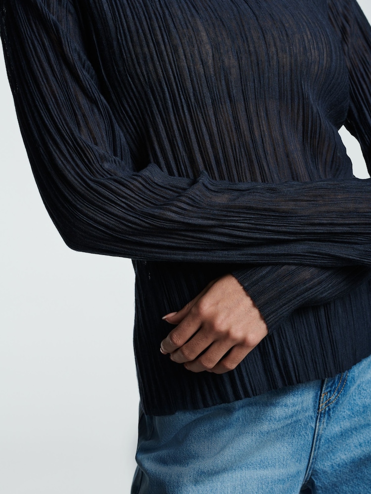 Navy Blue Long Sleeve Plissé Slash Neck Top - Image 4 of 6
