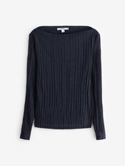 Navy Blue Long Sleeve Plissé Slash Neck Top - Image 5 of 6
