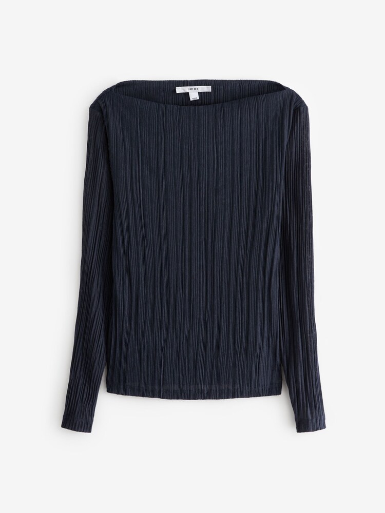 Navy Blue Long Sleeve Plissé Slash Neck Top - Image 5 of 6