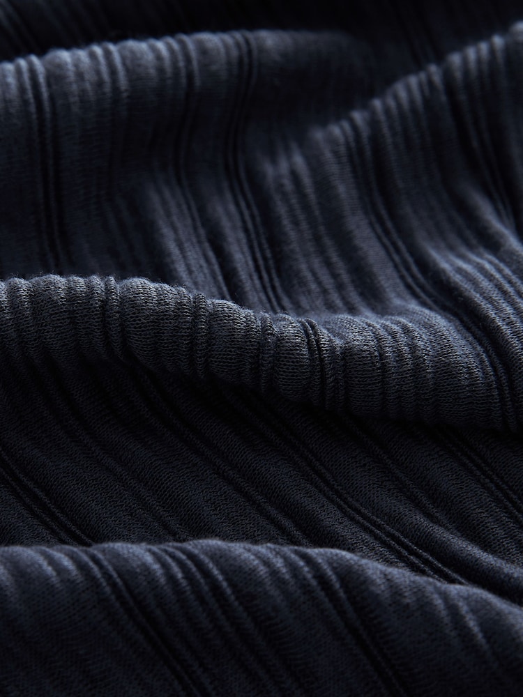 Navy Blue Long Sleeve Plissé Slash Neck Top - Image 6 of 6