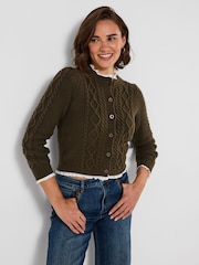 Joe Browns Green Claudia Woven Trim Cable Knit Cardigan - Image 1 of 5