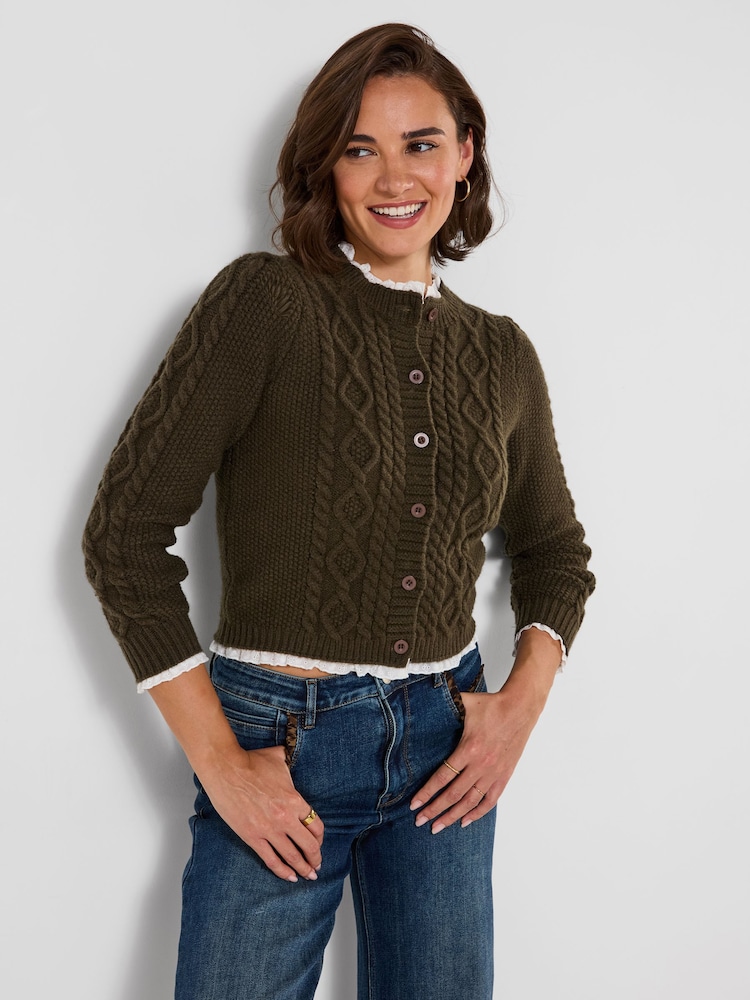 Joe Browns Green Claudia Woven Trim Cable Knit Cardigan - Image 1 of 5 Joe Browns Green Claudia Woven Trim Cable Knit Cardigan - Image 1 of 5