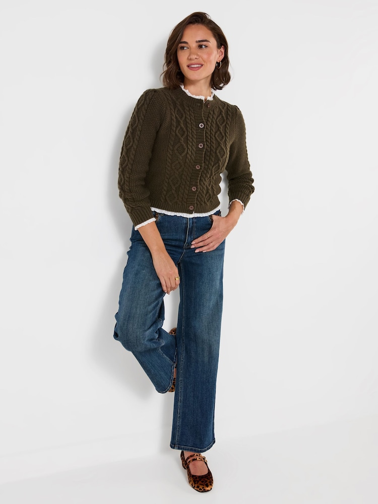 Joe Browns Green Claudia Woven Trim Cable Knit Cardigan - Image 2 of 5 Joe Browns Green Claudia Woven Trim Cable Knit Cardigan - Image 2 of 5