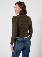Joe Browns Green Claudia Woven Trim Cable Knit Cardigan - Image 3 of 5