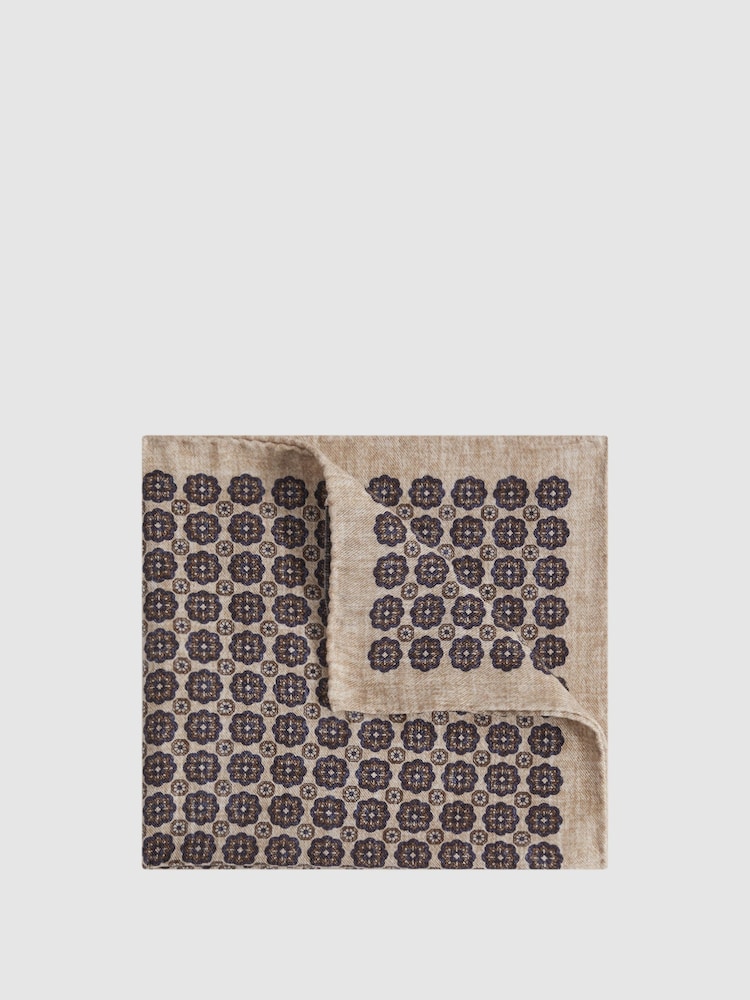 Reiss Oatmeal Melange/Navy Sassari Cotton-Wool Medallion Print Pocket Square - Image 1 of 5