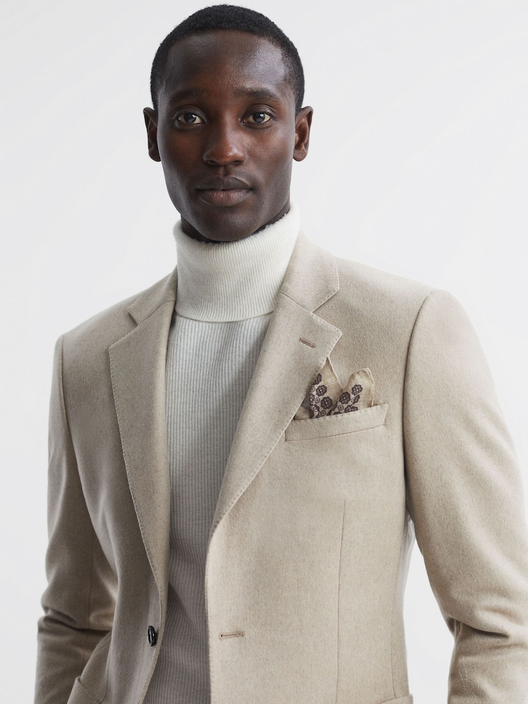 Reiss Oatmeal Melange/Navy Sassari Cotton-Wool Medallion Print Pocket Square - Image 2 of 5