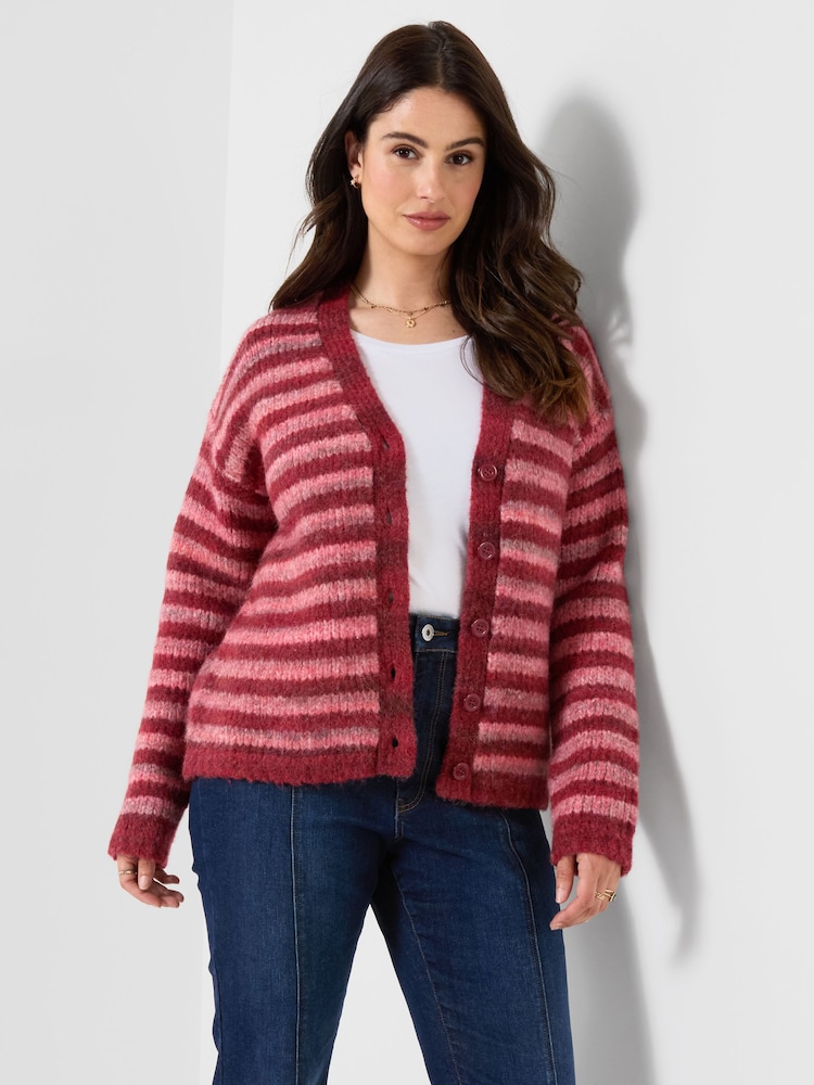 Joe Browns Pink Stella Striped V- Neck Cardigan - Image 1 of 5 Joe Browns Pink Stella Striped V- Neck Cardigan - Image 1 of 5